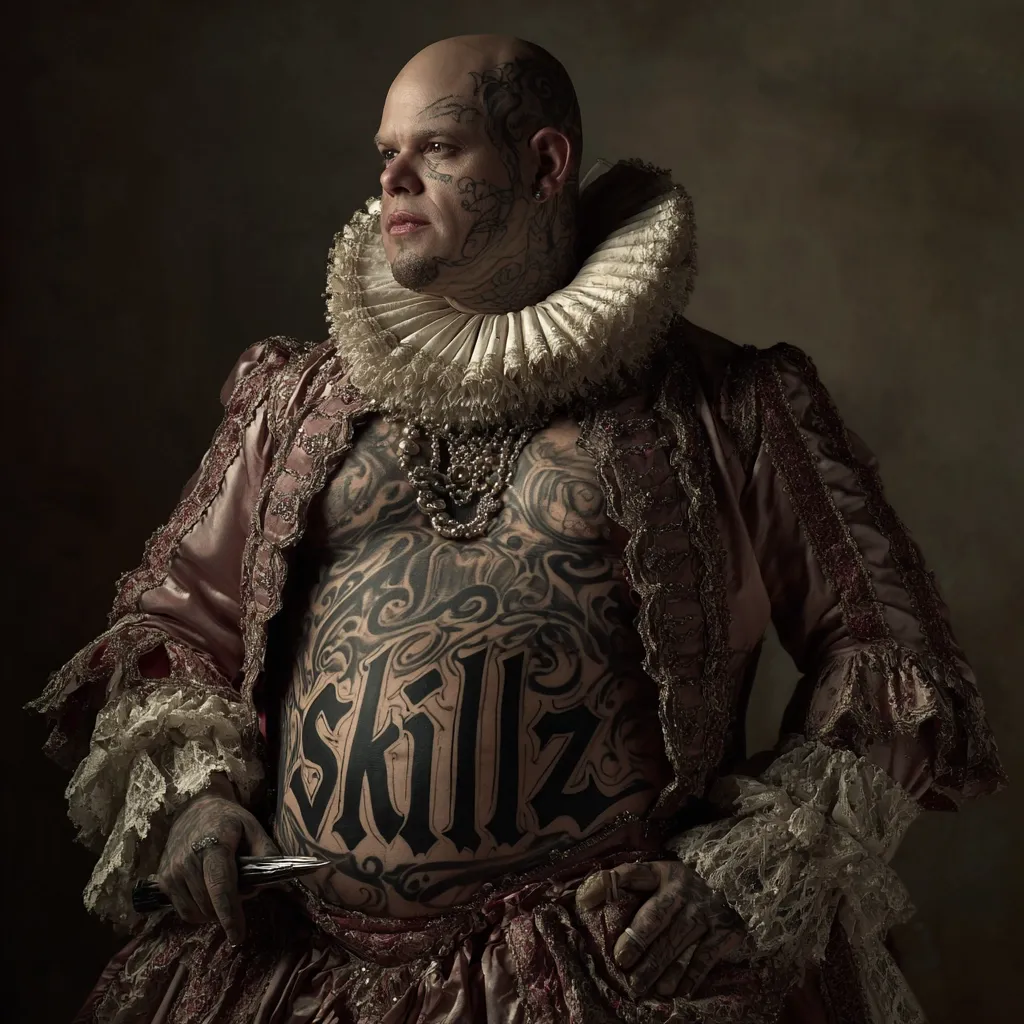 A bald, heavily tattooed man dons a lavish, ornate pink and gold 17th-century-style robe, complete with a large ruffled collar.  His tattoos, including the word "Skillz" prominently displayed on his stomach, contrast sharply with the historical attire. The image is a striking juxtaposition of old-world elegance and modern body art, creating a powerful visual statement.
