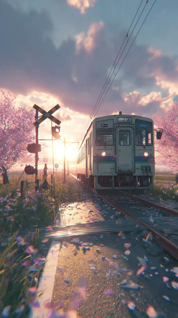 A single train passes a railway crossing at sunset.  Pink cherry blossoms scatter the ground and line the tracks, creating a serene and idyllic scene.  The warm light of the setting sun casts a golden glow, highlighting the train and the blossoming trees. The overall atmosphere is peaceful and tranquil, evoking a sense of calm and beauty.