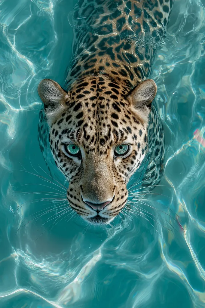 A leopard with striking green eyes emerges from crystal-clear turquoise water.  Its spotted coat is partially submerged, creating a mesmerizing contrast against the shimmering surface. The big cat's gaze is intense, directly meeting the viewer's.  The image evokes a sense of mystery and the beauty of nature's powerful creatures.
