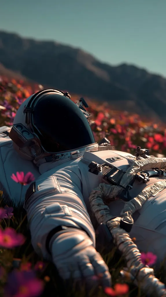 An astronaut in a white spacesuit lies in a field of vibrant pink and orange flowers. The sun sets behind distant mountains, casting a warm glow on the scene.  The astronaut's helmet is dark, reflecting the sky.  The peaceful image contrasts the vastness of space with the delicate beauty of nature.  The scene evokes a sense of tranquility and wonder.