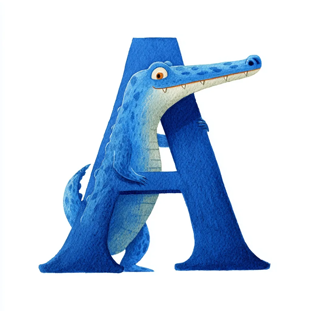 A whimsical illustration depicts a cheerful blue crocodile embracing a large, stylized capital letter "A".  The crocodile's textured skin and friendly expression add charm to the watercolor-style artwork, perfect for children's books or educational materials. The color palette is consistent, creating a cohesive and appealing image.