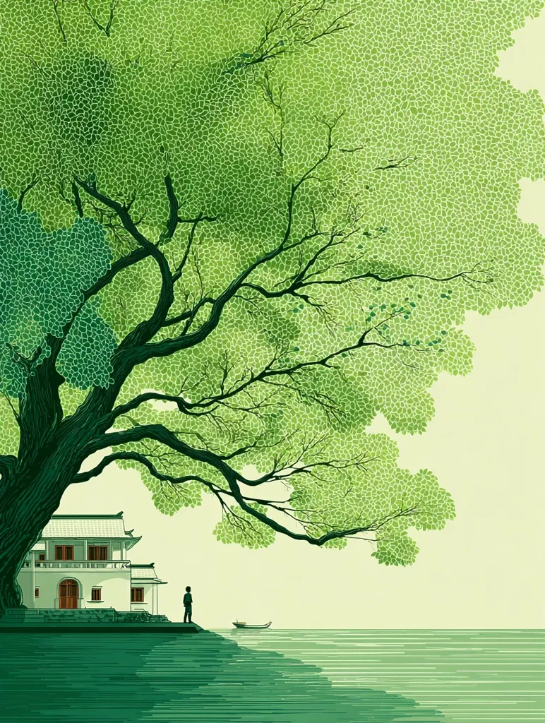 A serene landscape painting depicts a lush green tree, its branches arching over a tranquil body of water. A small, white house with traditional Asian architecture sits beneath the tree's shade. A solitary figure stands near the water's edge, observing a small boat.  The overall style is minimalist, using muted greens and a calming color palette. The scene evokes a sense of peace and quiet contemplation.