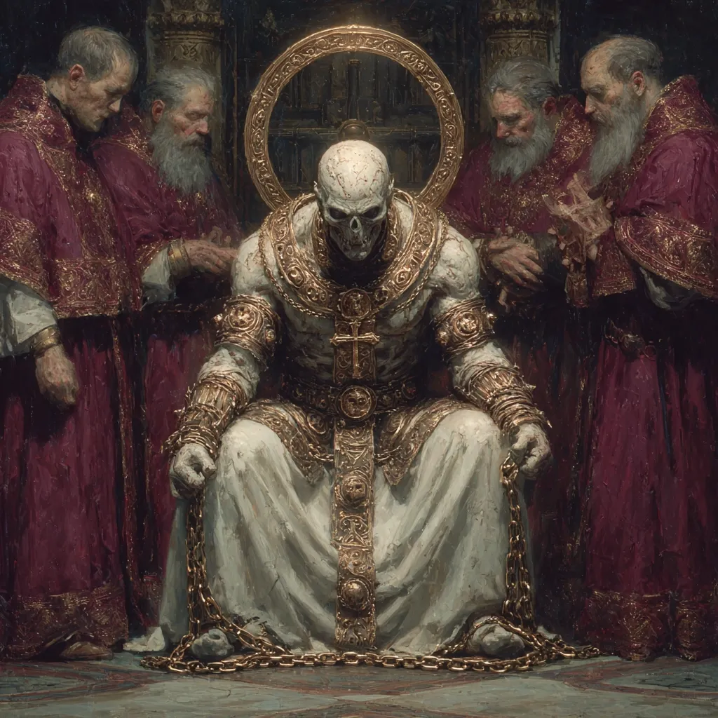 A skeletal figure, cloaked in ornate gold and white robes, sits chained upon a throne.  Four aged clergymen in burgundy vestments flank the figure, their expressions somber and watchful.  The skeletal figure’s pallid skin contrasts sharply with the rich colors surrounding it, creating a visually striking image that evokes a sense of religious power and unsettling mystery.  The scene appears to depict a ritualistic or ceremonial moment.