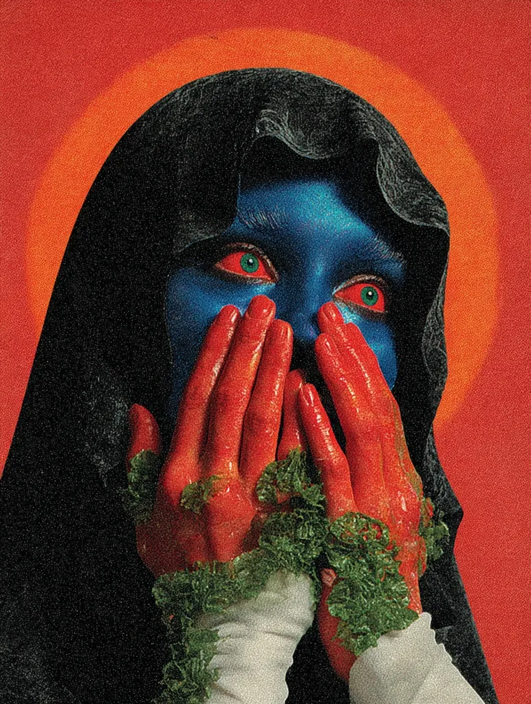 A surreal portrait depicts a figure with blue skin and a black hood. Their hands, painted red and adorned with green foliage, cover their face.  Vibrant red and orange hues dominate the background, creating a dramatic contrast with the figure's cool tones. The image evokes a sense of mystery and unease.