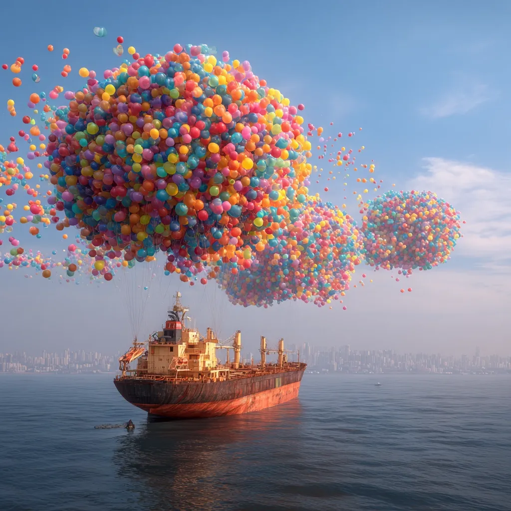 A large cargo ship floats serenely on calm ocean waters, a breathtaking spectacle above it.  Hundreds of brightly colored balloons, in vibrant hues of red, yellow, pink, and blue, form two massive clusters, lifting the ship effortlessly towards a clear, sunny sky.  A distant cityscape is visible on the horizon, providing a stunning contrast to the whimsical scene.  The overall image evokes a sense of magical realism and adventure.