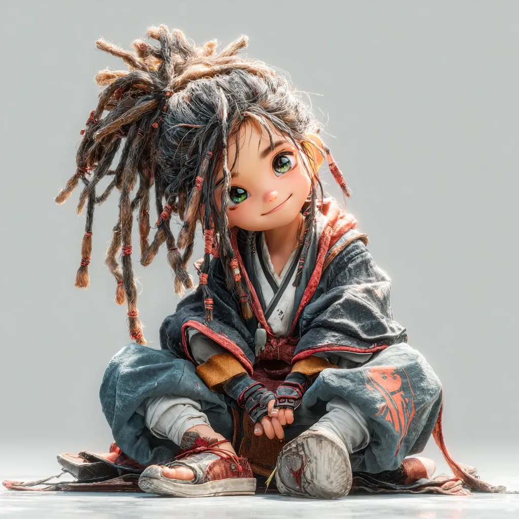 A digital rendering of a stylized young person with large, expressive eyes and long, braided hair.  They are seated, wearing a dark, loose-fitting robe with red accents, and simple sandals.  The character has a cheerful expression and appears to be inspired by Asian aesthetics. The overall style is whimsical and slightly whimsical, with a focus on expressive features and textured clothing.