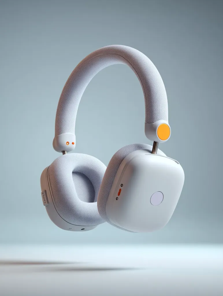 A pair of light gray wireless headphones with a soft, textured headband and square earcups are shown levitating against a light gray background.  The headphones feature small orange accents and subtle buttons. The design is minimalist and modern, emphasizing clean lines and a muted color palette.