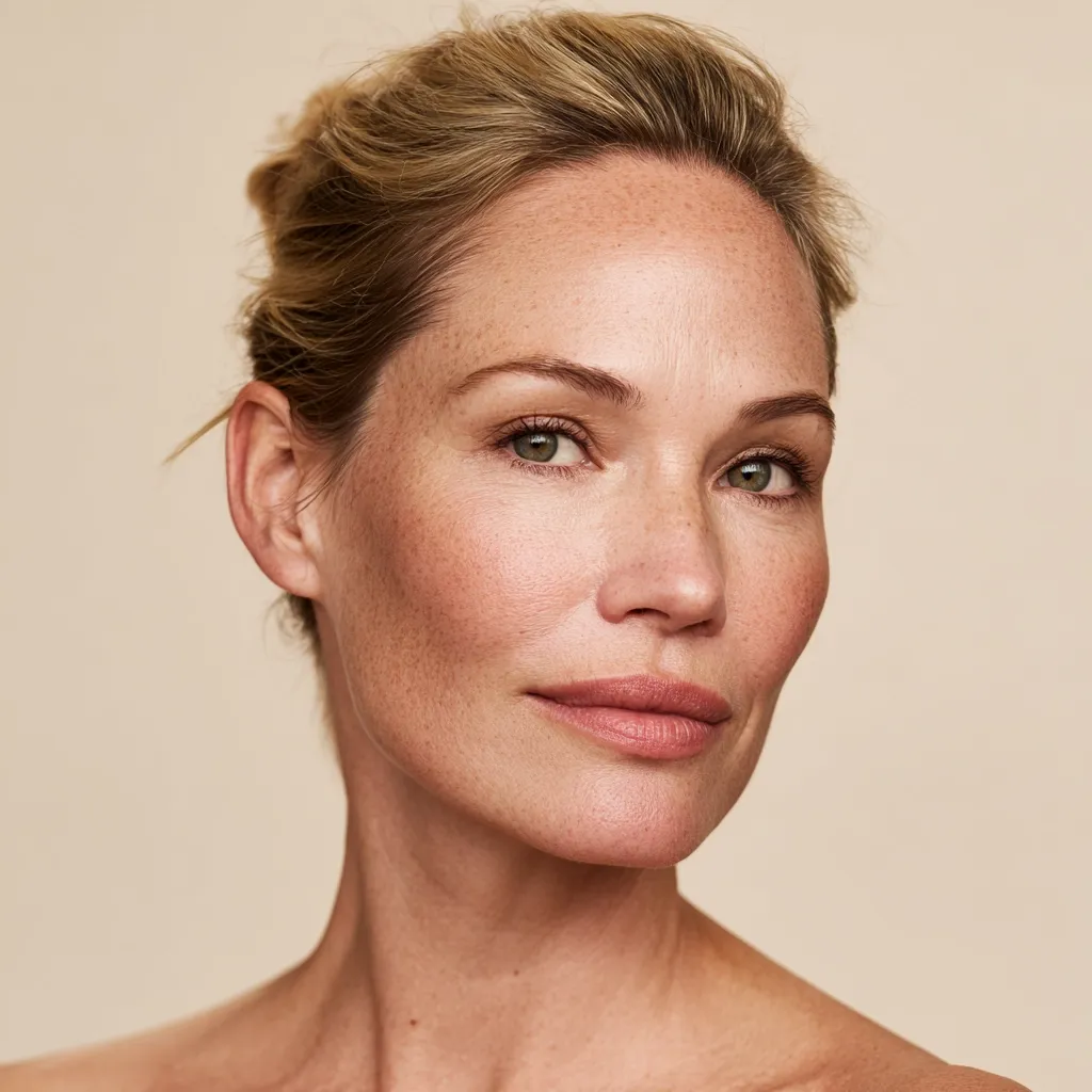 Close-up portrait of a woman with light blonde hair styled up.  She has fair skin with freckles and a calm, direct gaze.  Her expression is serene and natural, showcasing subtle lines and texture consistent with aging gracefully. The background is a muted beige, focusing attention on her complexion.