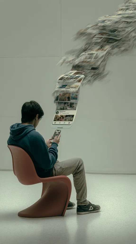 A young man sits in a red, molded plastic chair, using a smartphone.  A digital stream of images, resembling a social media feed or news articles, flows from the phone, visually representing the overwhelming influx of online information. The scene is set in a minimalist, brightly lit room, highlighting the contrast between the physical act of using technology and the intangible, boundless nature of digital content.