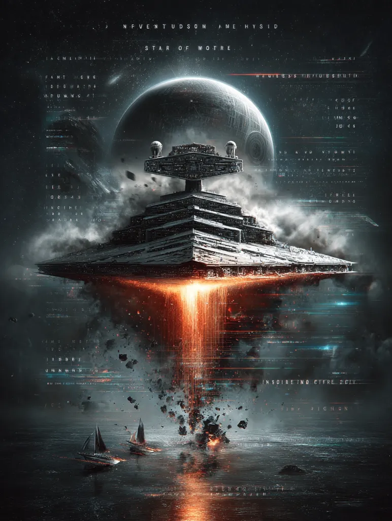 A dark, cinematic artwork depicts a Star Destroyer, titled "Star of Motre," crashing into a dark, watery expanse.  A large planet looms in the background. The scene is dramatic, with fiery debris raining down from the collapsing ship.  Surrounding the scene is text resembling digital code and data streams.  Two small vessels are visible in the foreground, dwarfed by the immense scale of the destruction. The overall mood is one of apocalyptic grandeur.