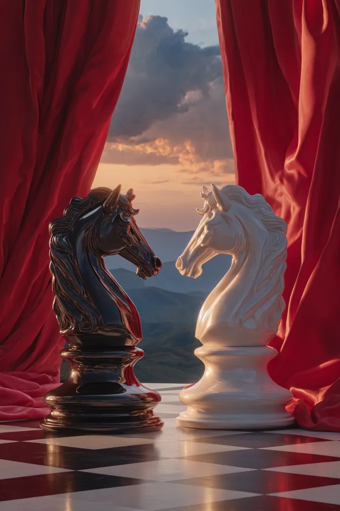 Two majestic chess knights, one black and one white, face each other on a chessboard.  They stand dramatically before a backdrop of a vibrant sunset over rolling hills, framed by parted crimson curtains. The scene suggests a pivotal moment of strategic contemplation and impending conflict, with the natural beauty highlighting the game's tension.