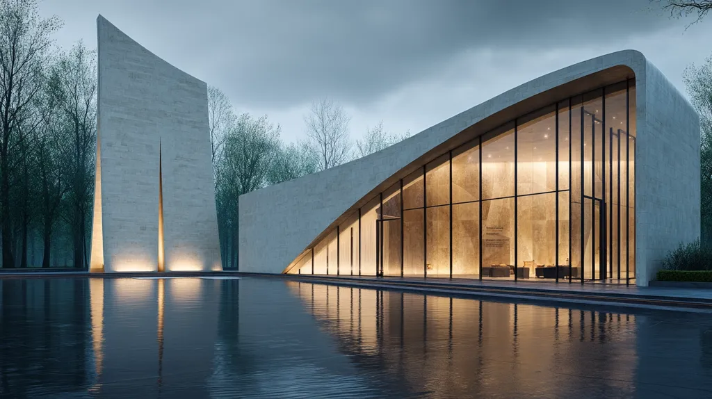 A modern architectural structure, featuring a sleek, curved concrete building with expansive glass windows, sits serenely beside a tall, slender concrete wall.  The building is illuminated internally, creating a warm glow against the evening sky.  The scene is tranquil, reflecting in a calm body of water in front of the building, set amidst a backdrop of trees. The overall design is minimalist and elegant.