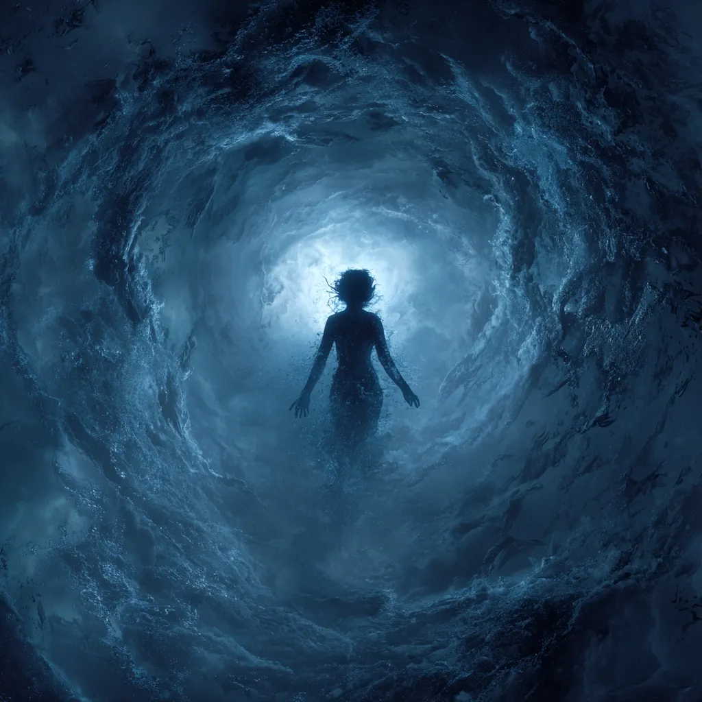 A surreal image depicts a silhouetted female figure at the center of a swirling, underwater vortex.  The figure appears ethereal, almost merging with the surrounding water, which glows with a soft, otherworldly light emanating from a distant source. The deep blue tones and turbulent water create a mystical and dreamlike atmosphere, suggesting a journey into the unknown or a transition between realms.