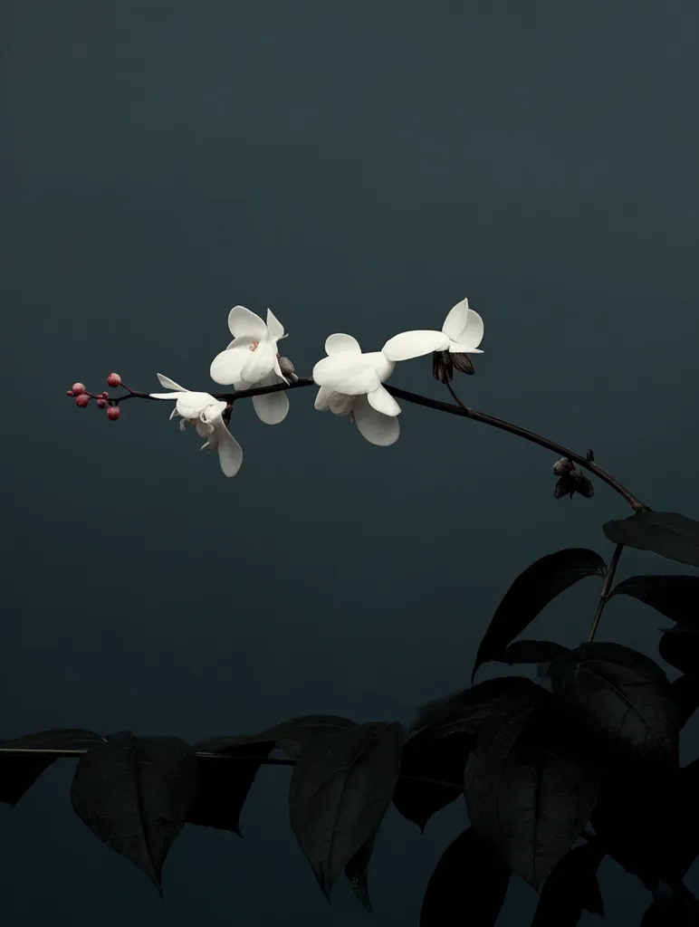 A single branch, adorned with delicate white flowers, extends gracefully against a deep teal backdrop.  The blossoms are clustered, their petals soft and slightly curled.  Dark, almost black leaves form a stark contrast at the base of the branch, creating a minimalist and elegant composition. The overall mood is serene and contemplative.