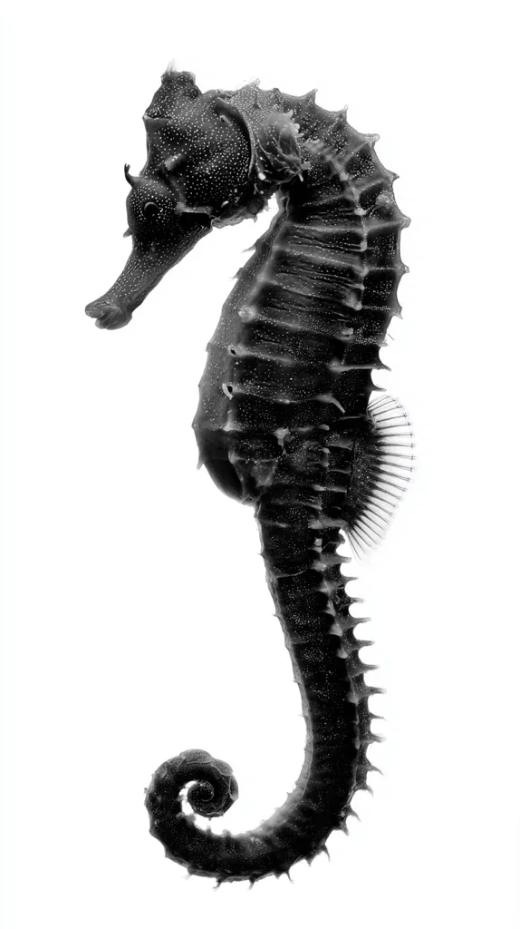 A striking black and white image showcases a seahorse in profile view against a stark white background.  Its detailed texture is clearly visible, from the granular skin to the spiny dorsal fin. The seahorse's curled tail and distinctive head are prominently featured, creating a dramatic and elegant composition.  The monochromatic palette enhances the subject's intricate form.