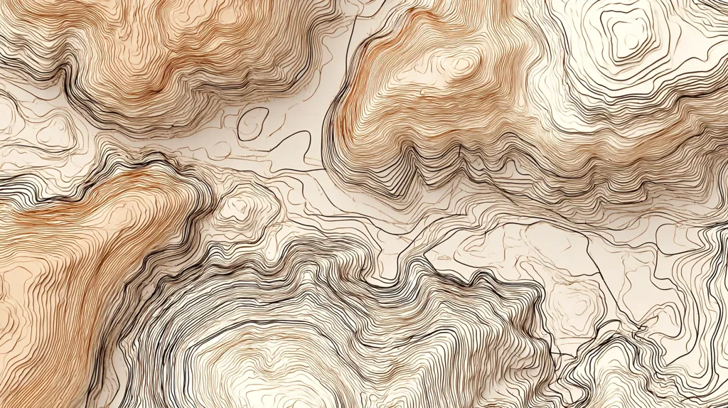 An abstract topographic map showcases swirling, layered lines in shades of brown and beige against a cream background.  The lines create a three-dimensional effect, suggesting rolling hills and valleys. The intricate detail and smooth curves evoke a sense of depth and movement, resembling a stylized landscape.  The overall texture is smooth yet complex.