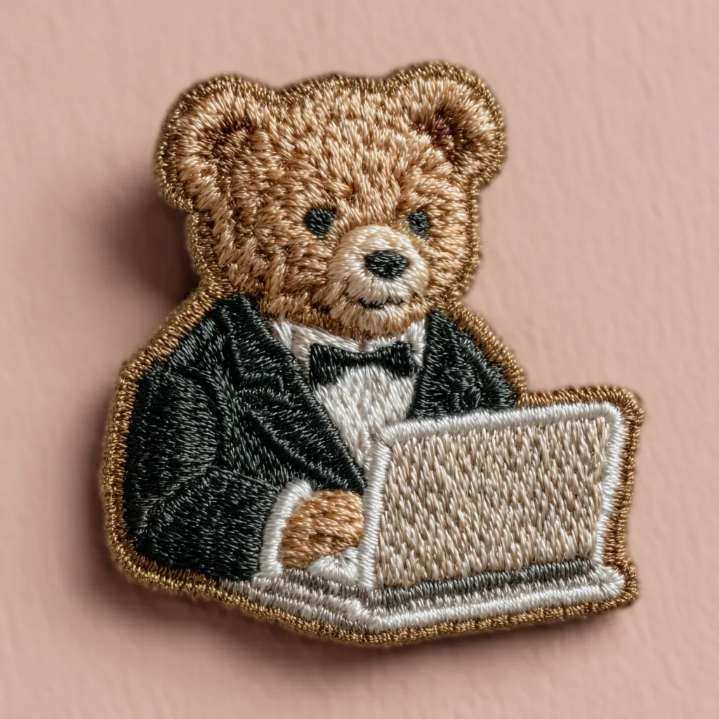 A meticulously embroidered patch depicts a teddy bear dressed in a tuxedo, working diligently on a laptop.  The bear's fur is a light brown, contrasting with its dark suit and bow tie.  The laptop is beige, adding to the refined aesthetic of this sophisticated, miniature scene. The detailed stitching creates a high-quality, almost three-dimensional effect.