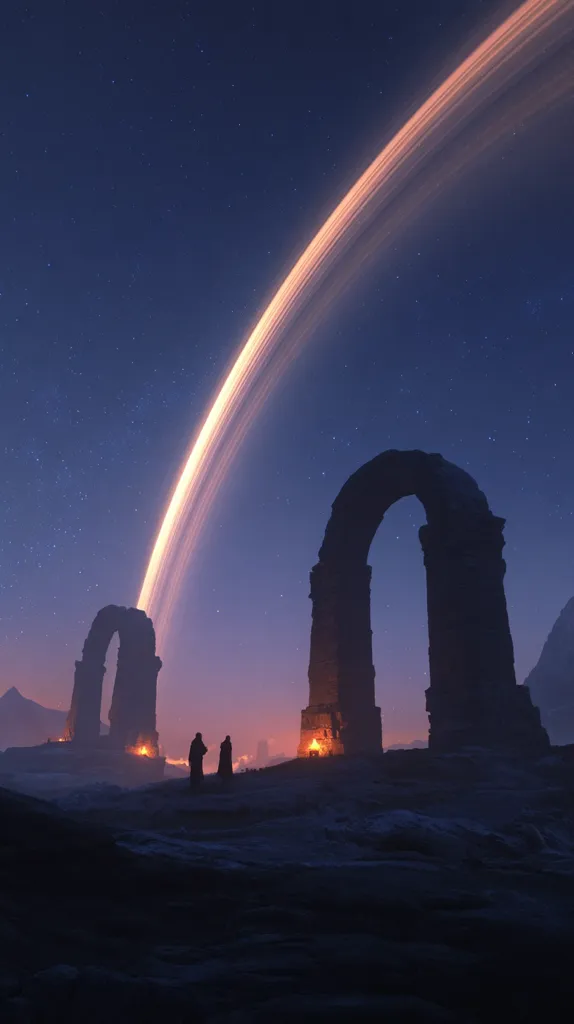 Two silhouetted figures stand before ancient, arched ruins under a twilight sky.  A vibrant, ethereal arc stretches across the starry expanse above.  Small fires burn at the base of the structures, casting a warm glow against the cold landscape. The scene evokes a sense of mystery and solitude in a fantastical, possibly alien, environment.