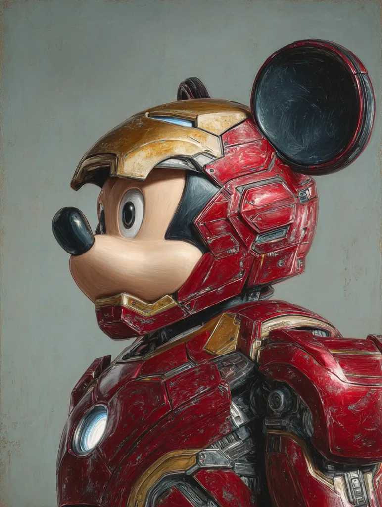 A striking portrait depicts Mickey Mouse as Iron Man.  Mickey's iconic features are seamlessly integrated into the weathered, red and gold Iron Man suit. The detail is meticulous, showing wear and texture on the armor, contrasting with Mickey's softer facial features. The overall style is a blend of realism and whimsical fantasy. The muted background emphasizes the subject.