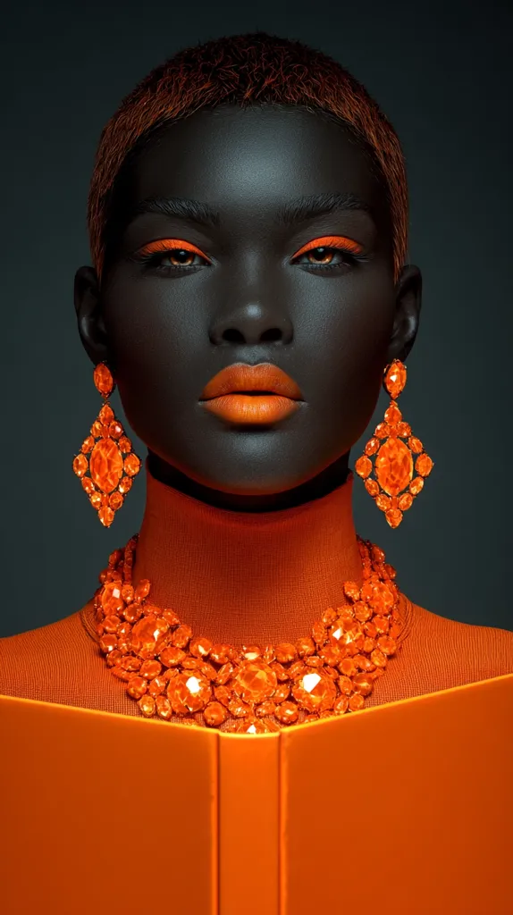 A striking portrait of a dark-skinned woman with short, auburn hair. She's adorned in vibrant orange: a turtleneck, large statement necklace, and dangling earrings, all featuring dazzling orange gemstones.  Her makeup accentuates her features with bold orange eyeshadow and lipstick. She holds an orange book, creating a monochromatic and powerful image.