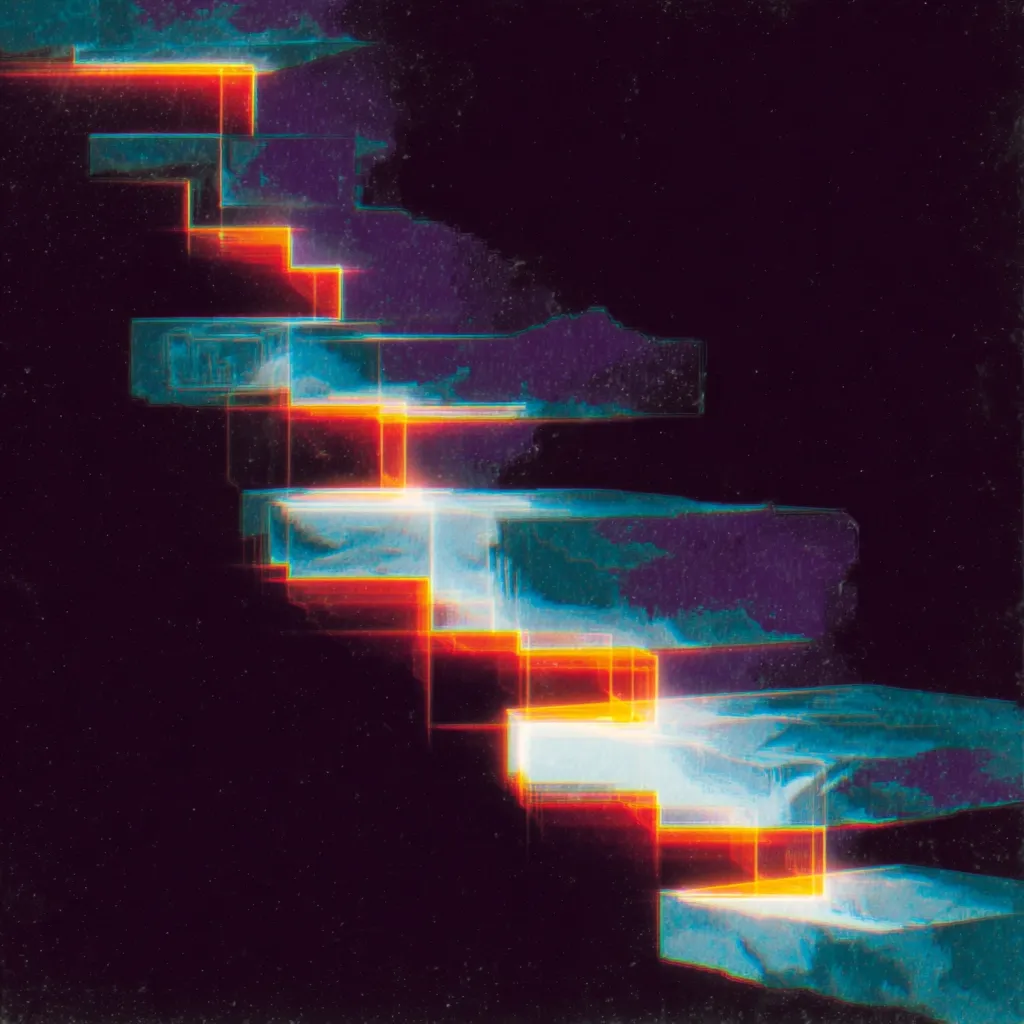 A digital artwork depicts a staircase ascending diagonally from the lower left to the upper right.  The steps are rendered in a fragmented, glitch-like style with teal and purple hues, overlaid by vibrant orange and red lines suggesting glowing edges or energy. The background is a dark, almost black, space, creating a stark contrast with the luminous staircase. The overall effect is surreal and futuristic.