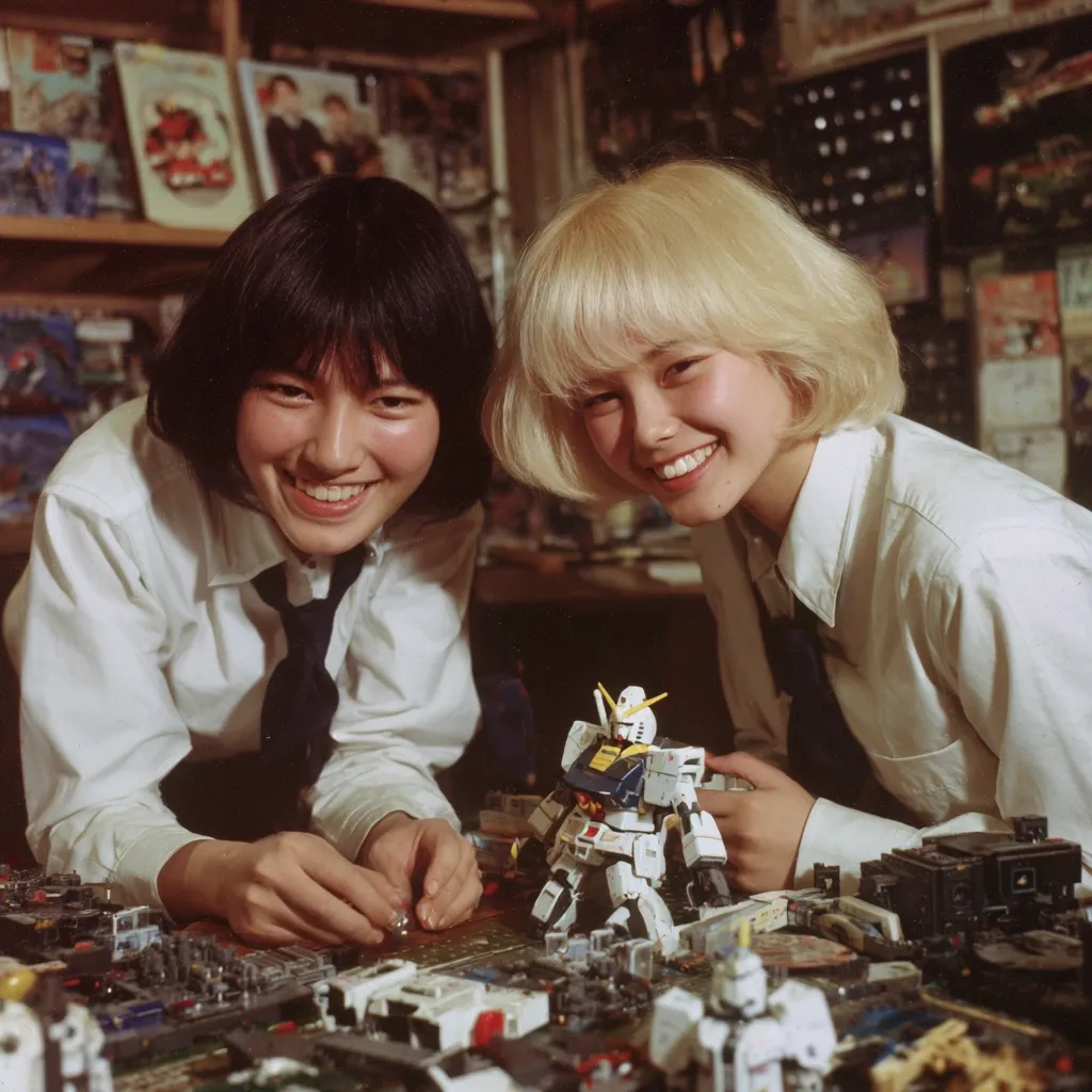 Two young Japanese women, dressed in school uniforms, are engrossed in assembling a model robot.  The scene is set in a cluttered room filled with shelves of model kits and hobby supplies.  The women are smiling, showcasing their enthusiasm for the intricate task.  The finished robot, a central focus of the image, stands proudly amidst a spread of various model parts.
