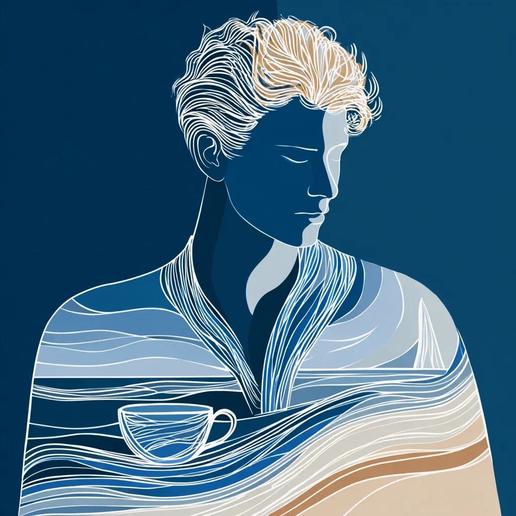 A stylized line drawing depicts a person with short, light-colored hair, their face serene and eyes closed. They are draped in a robe, its design mimicking ocean waves in varying shades of blue and beige.  The figure holds a simple teacup, its form mirroring the flowing lines of the robe and waves. The overall aesthetic is calming and contemplative.