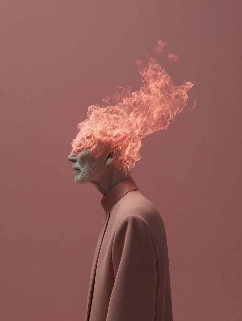 A stylized portrait depicts an elderly man in profile against a muted pink backdrop.  His head is engulfed in a soft, orange flame, creating a surreal and ethereal effect. He wears a pale pink, long-sleeved collared coat. The image contrasts the calmness of the figure with the fiery element, suggesting a powerful internal struggle or transformation.