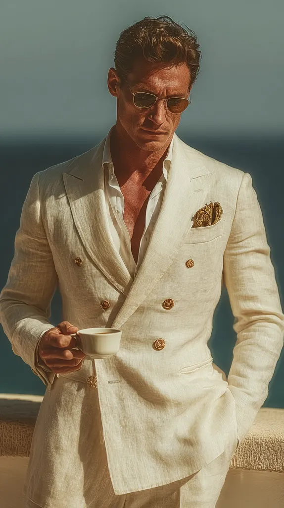 A man in a cream linen double-breasted suit holds a small cup of coffee. He wears sunglasses and has his hands in his pockets. The suit is impeccably tailored, and he has a sophisticated appearance. The background is a blurred-out ocean view, suggesting a relaxed, upscale setting.  The image exudes a feeling of summer elegance and effortless style.