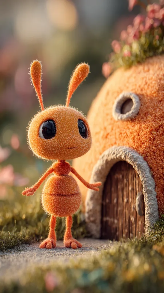 A cute, orange, cartoon ant stands before a miniature, similarly colored house.  The ant has large, expressive eyes and fuzzy texture. The house features a small, round window and a wooden door, nestled in a mossy, outdoor setting bathed in soft, natural light. The scene evokes a whimsical, childlike charm.