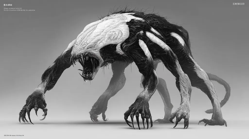 A monochrome digital rendering showcases a monstrous creature.  Its design blends organic and alien elements: a clawed, quadrupedal stance, a skull-like head with a gaping maw, and a body covered in textured, fur-like material. The creature's anatomy appears both powerful and unsettling, creating a sense of predatory menace. The background is a simple, neutral gray, drawing focus to the detailed creature model.