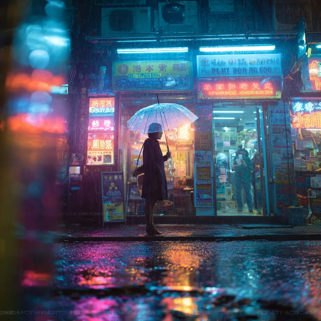 A woman, under a transparent umbrella, stands on a rain-slicked street in a vibrant, neon-lit Asian city at night.  The scene is drenched in colorful reflections from the surrounding shops and signs, creating a futuristic, almost cyberpunk atmosphere.  The rain reflects the bright lights, creating puddles of color on the wet pavement.  The overall mood is atmospheric and moody.