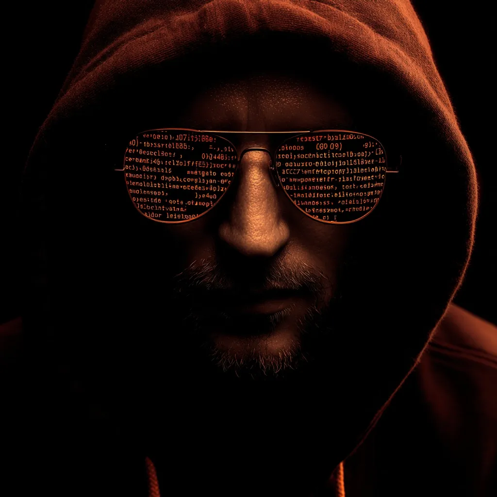 A close-up shot of a person's face, partially obscured by a dark red hoodie.  The individual wears glasses, with lines of red code reflected in the lenses. The image is dimly lit, creating a mysterious and somewhat ominous atmosphere.  The focus is on the lower half of the face, emphasizing a serious expression. The overall impression is that of a hacker or someone involved in clandestine activities.