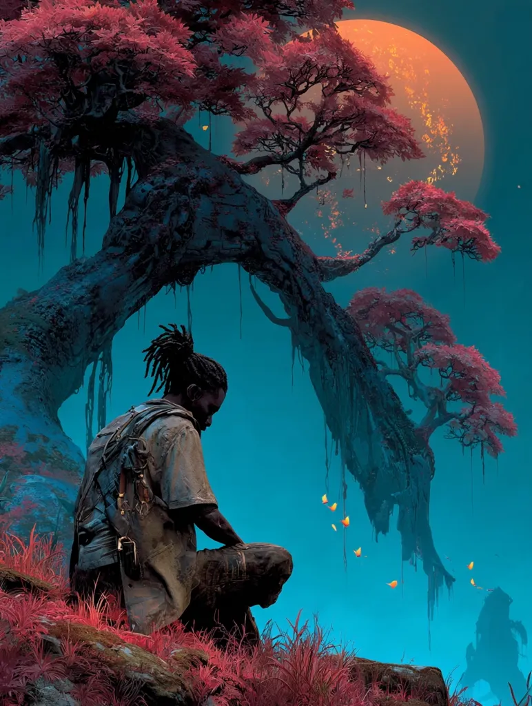 A lone, dark-skinned man with dreadlocks sits contemplatively beneath a large, surreal tree with vibrant pink leaves.  The tree hangs over a teal-colored landscape, a large, orange moon glowing in the background.  Small, glowing yellow butterflies drift in the air. The scene is dreamlike and evokes a sense of solitude and mystery.  The overall aesthetic is fantastical and otherworldly.