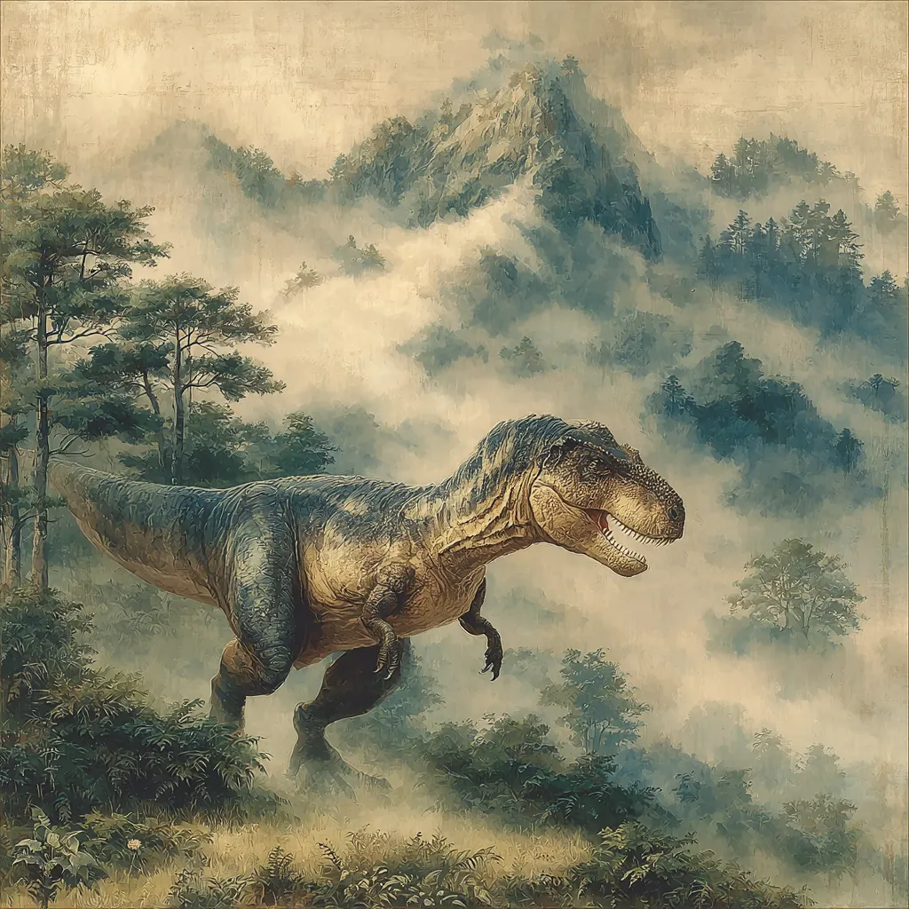 A majestic Tyrannosaurus Rex stands in a misty, mountainous landscape.  The dinosaur is depicted in detail, its powerful stance emphasized against a backdrop of lush, fog-shrouded forests and distant peaks. The overall style evokes a sense of ancient mystery and power, the prehistoric predator seemingly surveying its domain.  The muted color palette adds to the atmospheric feel.