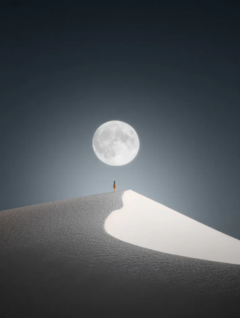 A lone figure stands atop a stark white sand dune, silhouetted against a massive, luminous moon hanging low in the night sky. The vast expanse of the desert stretches out under the moon's ethereal glow, creating a dramatic and surreal landscape. The scene evokes a sense of solitude and contemplation under the celestial gaze of the moon. The contrast between the dark sky, the bright moon, and the white sand is striking.