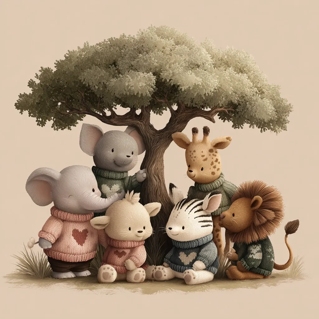 A charming illustration depicts five adorable animal friends gathered under a large tree.  Each animal, including an elephant, giraffe, lion, zebra, and a small fluffy creature, wears a cozy knitted sweater with a heart design. The scene is peaceful and heartwarming, evoking a sense of friendship and camaraderie amongst the diverse group. The soft, muted color palette enhances the overall gentle and endearing feel of the image.