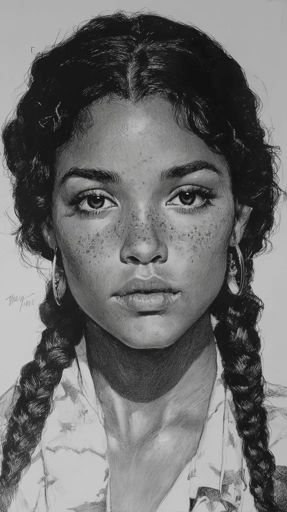 A meticulously detailed pencil drawing portrays a young woman with dark, braided hair. Her face is striking, showcasing freckles and a serious expression.  The artist captures subtle details, including individual hairs and the texture of her skin.  She wears simple hoop earrings and a collared shirt, the folds of which are rendered with equal precision.  The grayscale palette emphasizes the depth and contrast in the image.