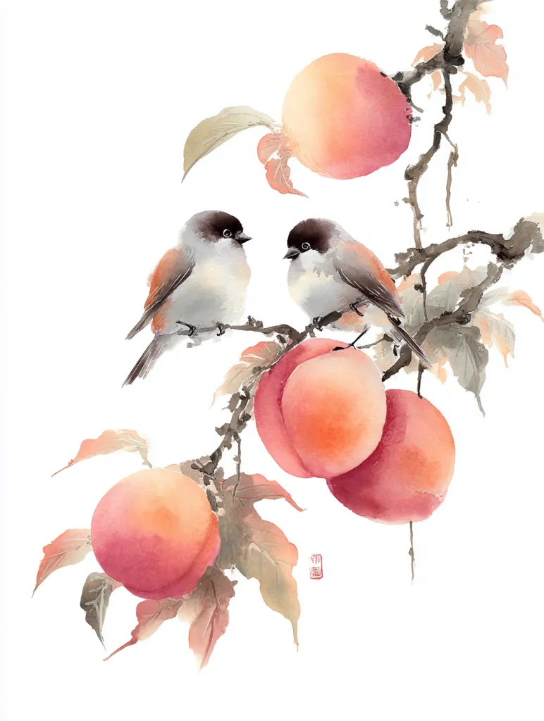A delicate watercolor painting depicts two small birds perched on a peach branch.  The birds, rendered in soft grays and browns, are positioned near several ripe, pinkish-peach colored peaches. The branch, with its leaves and fruit, is elegantly depicted in a style reminiscent of East Asian ink wash painting. The overall effect is serene and peaceful, emphasizing the beauty of nature's simple details.