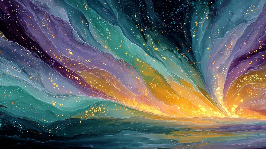 An abstract painting displays a vibrant, swirling landscape of teal, purple, and gold hues.  The colors blend seamlessly, creating a fluid, almost ethereal effect.  Speckles of gold glitter are scattered throughout, adding a touch of sparkle and luminosity. The overall impression is one of movement and light, suggestive of a celestial scene or a magical aurora.