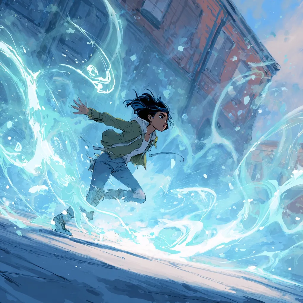 A young woman with dark hair runs through a city street, propelled by a surge of vibrant, swirling blue energy.  Her casual attire contrasts with the powerful, ethereal force surrounding her.  The cityscape in the background is slightly blurred, emphasizing the dynamic movement and the girl's control over the energy. The scene is rendered in a dynamic, painterly style, suggesting speed and supernatural ability.