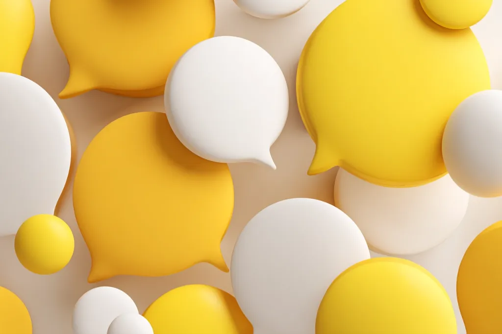 A close-up shot reveals numerous 3D rendered speech bubbles in yellow and white, overlapping to create a dynamic composition. The bubbles vary in size and position, suggesting a lively conversation or exchange of ideas.  The light beige background provides a neutral contrast, highlighting the bright colors of the speech bubbles.  The overall impression is one of communication and interaction.