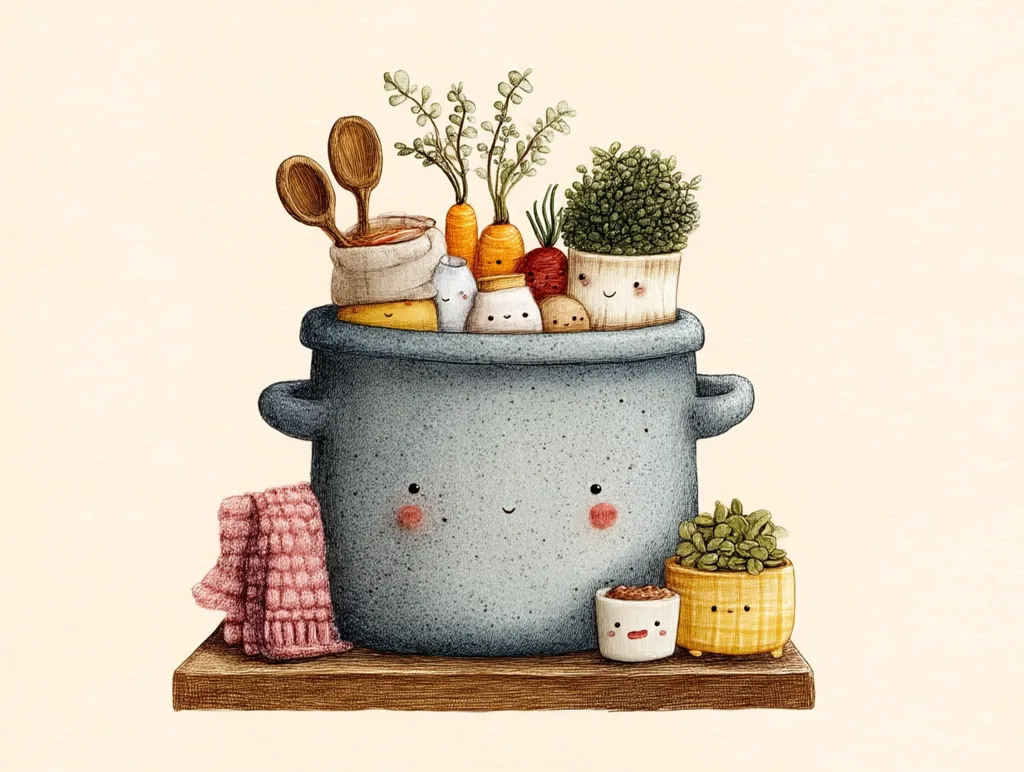A charming illustration features a large, gray pot brimming with anthropomorphic vegetables, herbs, and packaged goods.  Wooden spoons rest atop the contents.  Two small potted plants sit beside the pot on a wooden surface, alongside a pink knitted dishcloth. The pot itself has a cheerful, smiling face. The overall style is whimsical and heartwarming.