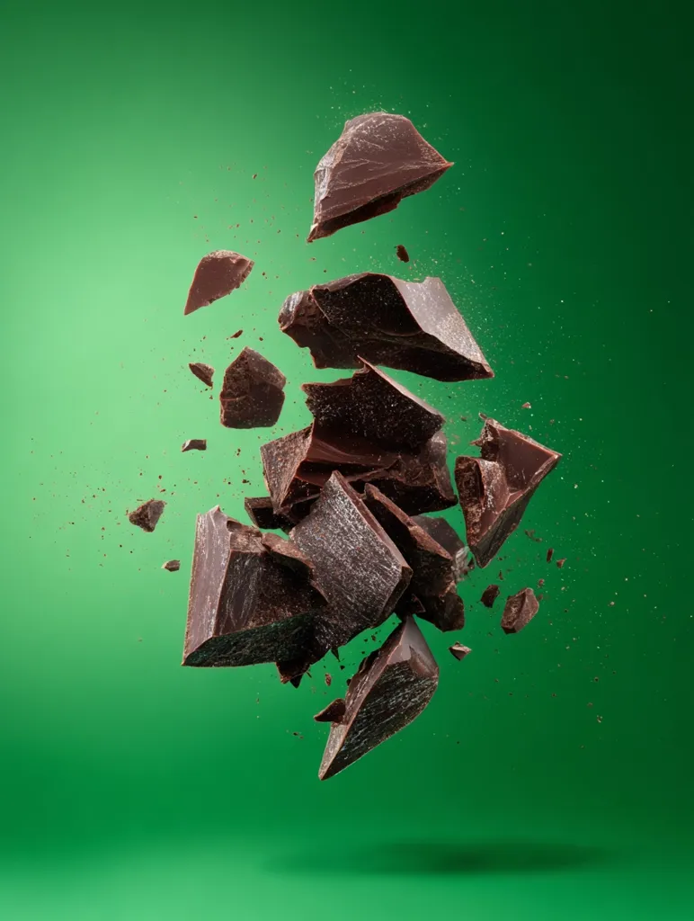 A cluster of dark chocolate chunks is captured mid-air against a vibrant green backdrop.  The pieces, varying in size and shape, appear to be falling or exploding, with smaller fragments scattered around them.  The image emphasizes the rich, dark color and texture of the broken chocolate, creating a dynamic and visually appealing scene.  The contrast between the chocolate and the green background is striking.