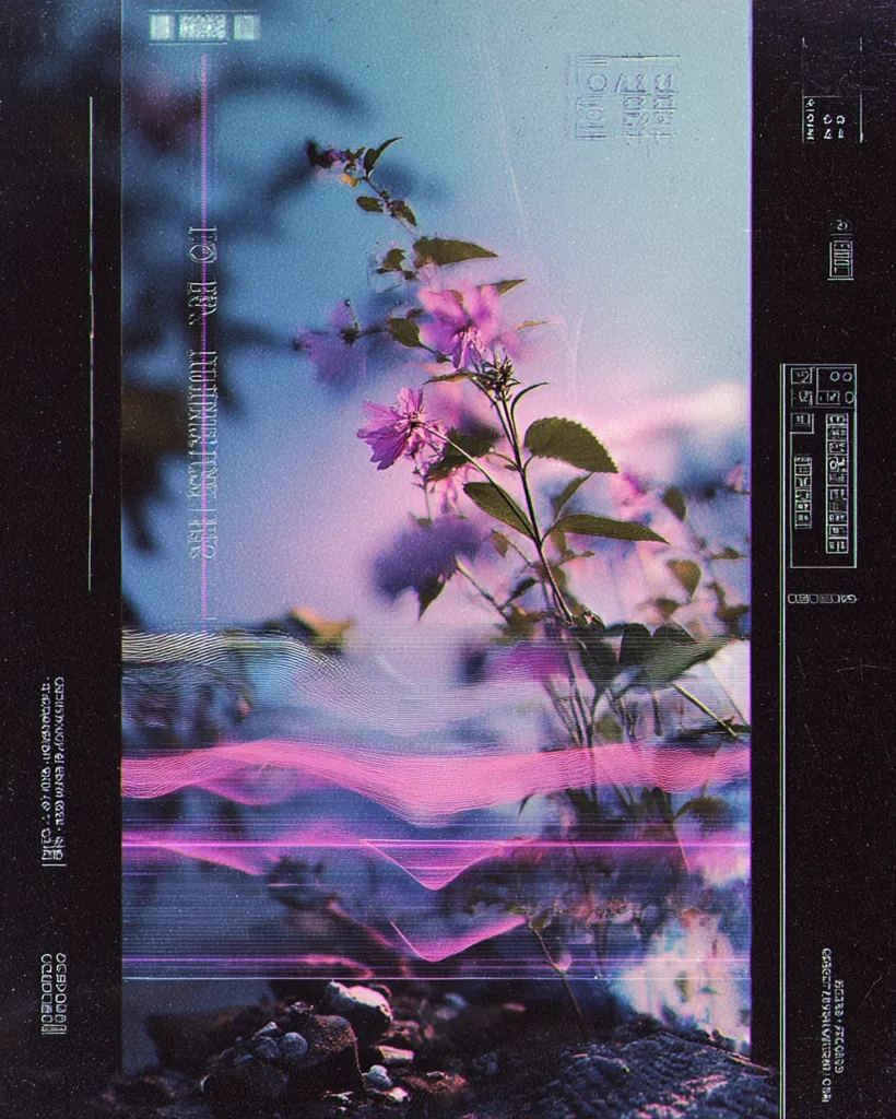 A dreamy, stylized image features a delicate purple flower in bloom.  The soft focus and pastel color palette create a whimsical atmosphere.  Overlaid are glitch-style digital effects and text, suggesting a blend of nature and technology.  The overall aesthetic is vaporwave-inspired, with a melancholic and ethereal quality.  The image’s edges mimic a film strip, adding to the retro feel.