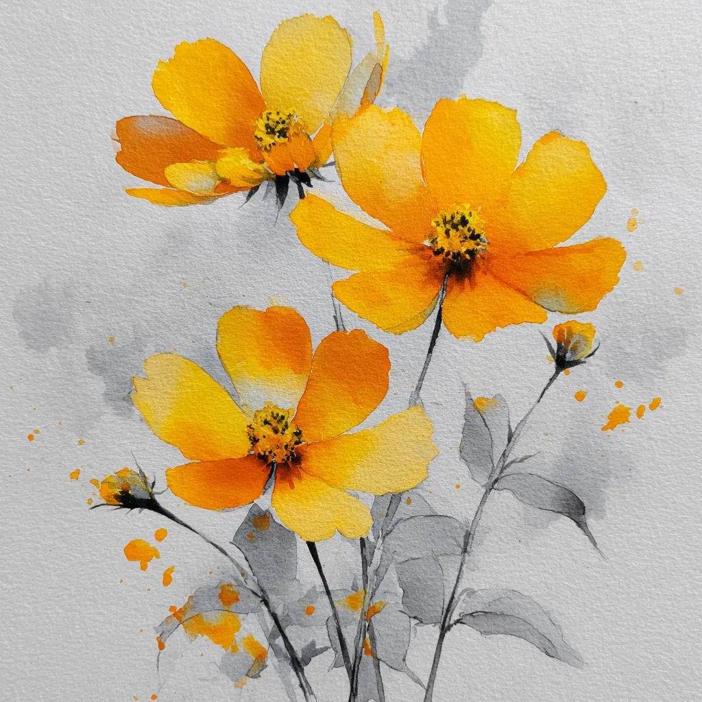 A watercolor painting showcases three vibrant yellow cosmos flowers against a muted gray background.  The flowers are depicted with loose, expressive brushstrokes, emphasizing their delicate petals and dark centers.  Subtle gray leaves and stems provide contrast, while splashes of yellow watercolor add texture and depth to the composition. The overall style is impressionistic and evokes a sense of lightness and grace.