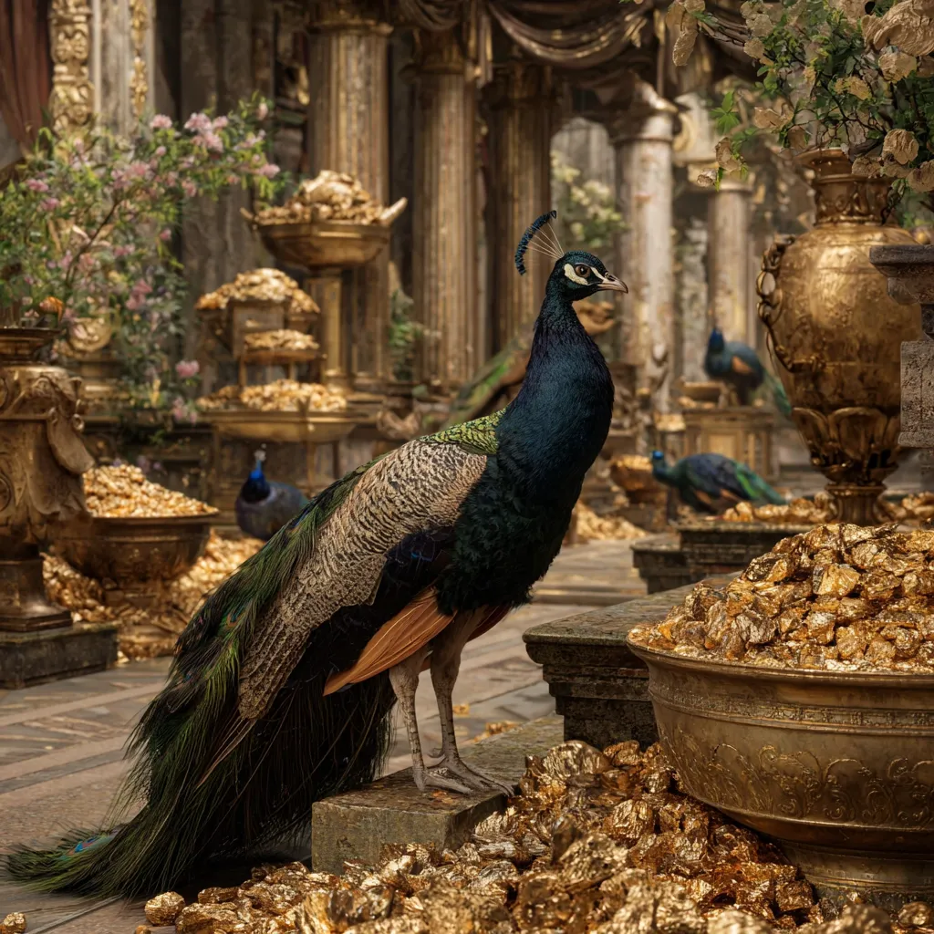 A majestic peacock stands amidst piles of gold nuggets in a lavish, opulent setting.  The scene evokes a sense of ancient grandeur, with ornate golden bowls and urns overflowing with treasure.  Classical columns and lush greenery frame the peacock, creating a visually stunning and richly detailed image.  Other peacocks are visible in the background, adding to the luxurious ambiance.