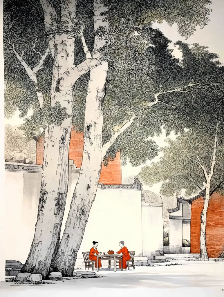 An East Asian-style painting depicts two women in red robes seated at a small table under the shade of large trees.  The women appear to be having tea. The background shows traditional architecture with muted red brick walls and white plaster.  The style is minimalist, using delicate lines and subtle shading to create a serene and contemplative scene.  The trees dominate the foreground, their textured bark and leafy branches creating a sense of calm.