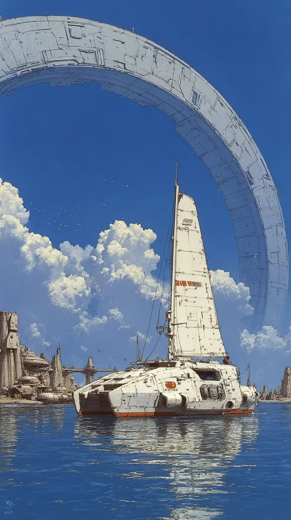 A futuristic sailboat rests in calm waters under a bright blue sky.  A massive, arched structure dominates the background, suggesting a colossal space station or gateway.  The scene is peaceful, with puffy white clouds and a shoreline of unusual, possibly alien, architecture. The vessel is sleek and white, a blend of sail and advanced technology, hinting at a blend of old and new worlds.