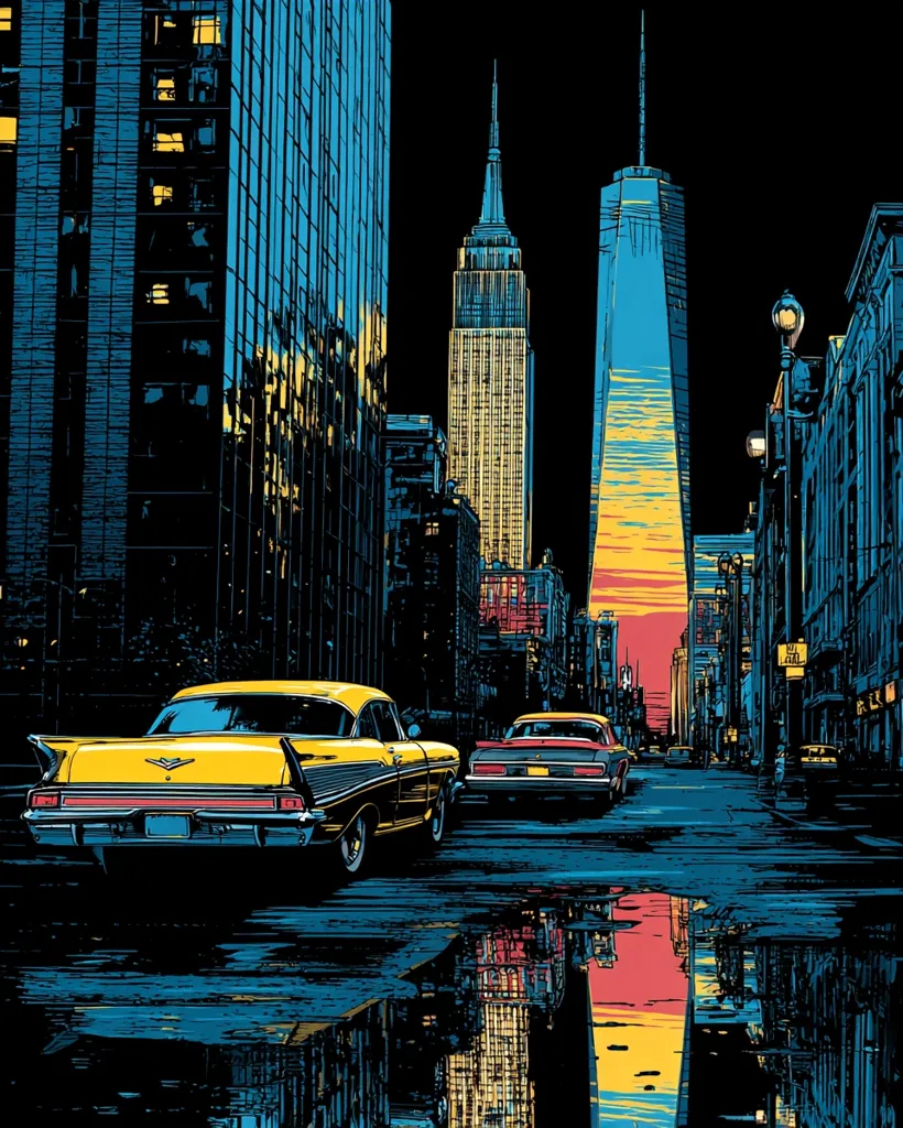 A vibrant illustration depicts a city street scene at night, showcasing a yellow classic car and a red car driving towards the iconic Empire State Building and One World Trade Center.  The setting sun casts a warm glow on the skyscrapers, reflected in a puddle on the wet street. The image is stylized with bold lines and a limited color palette, evoking a retro feel. The overall mood is energetic and nostalgic.